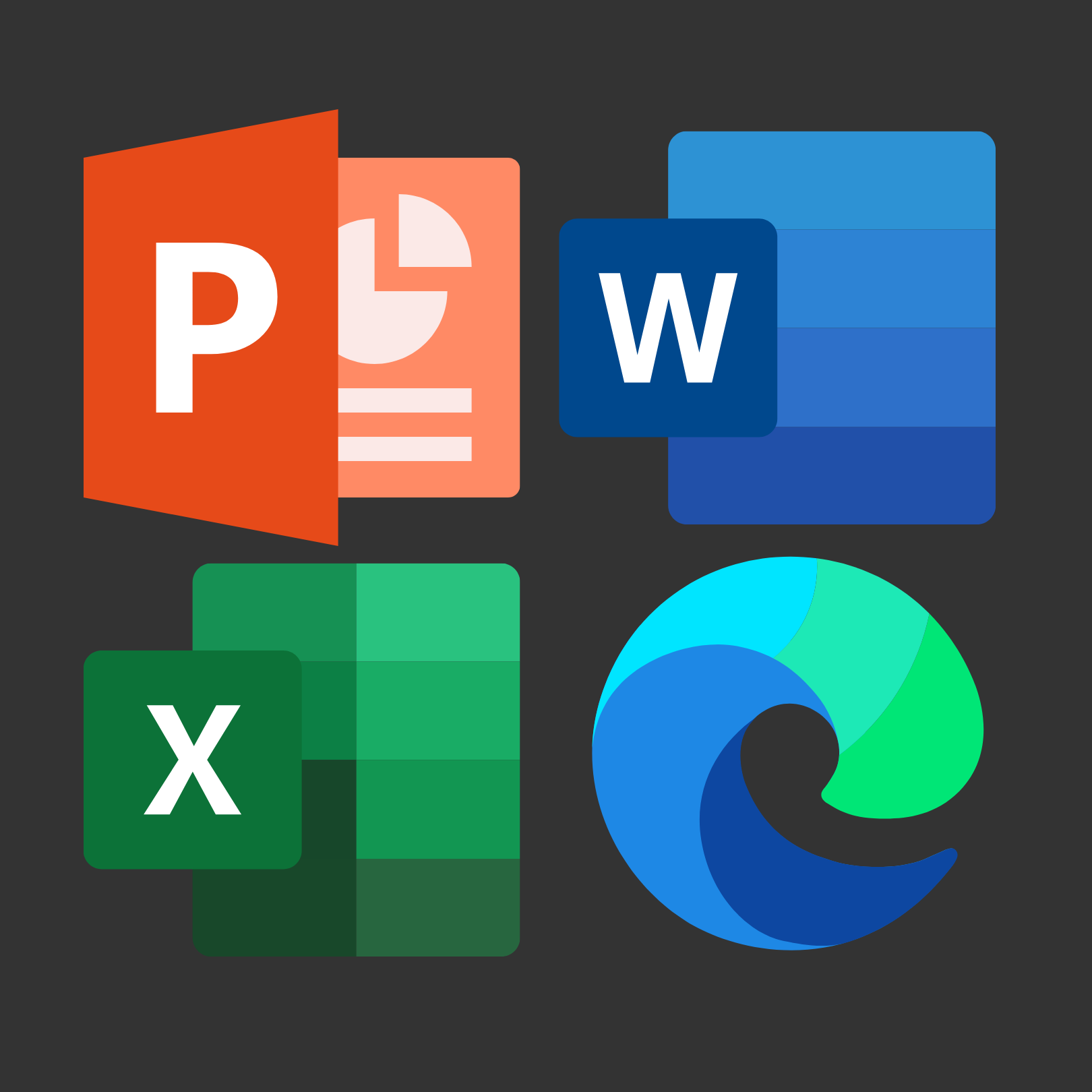 logos for publisher, word, excel, and edge 