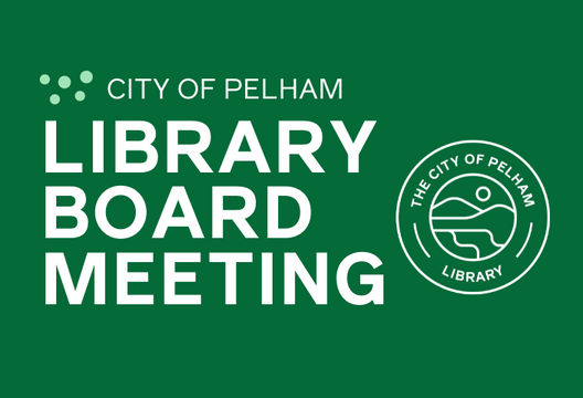 City seal and text City of Pelham Library Board meeting on dark green background