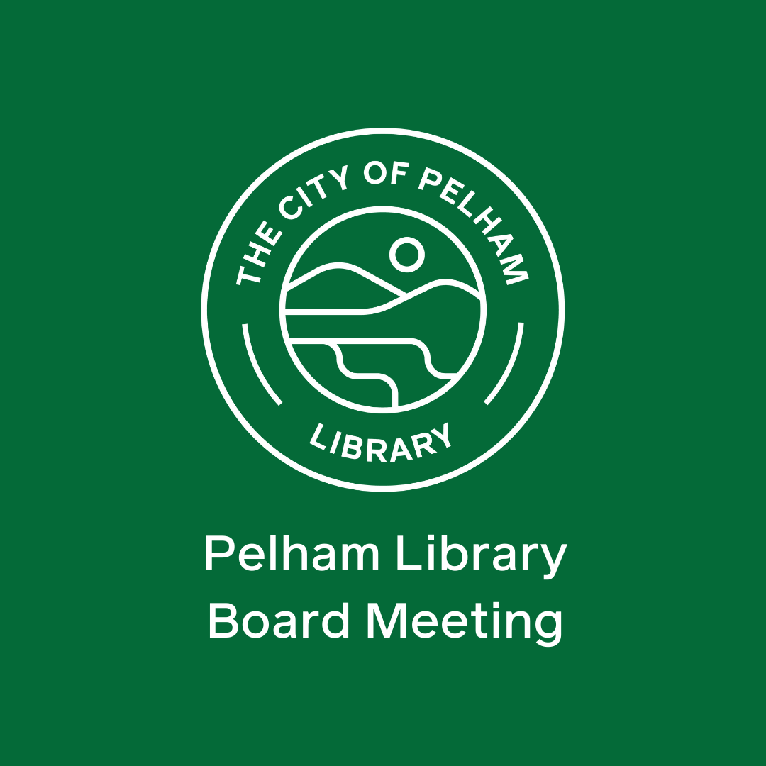 Pelham Library seal in white on dark green background text pelham library board meeting