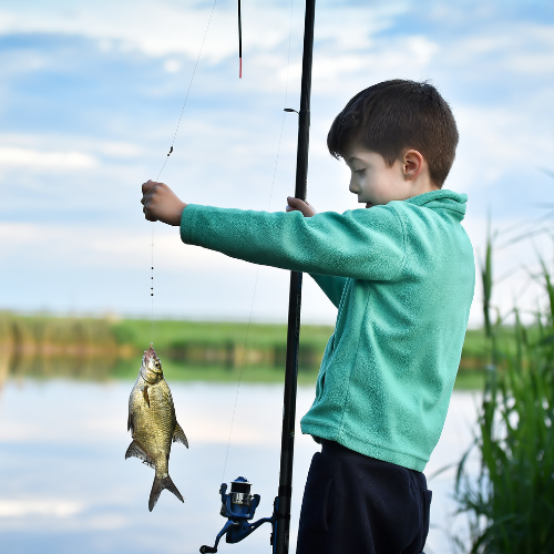 boy with fishing pole and fish