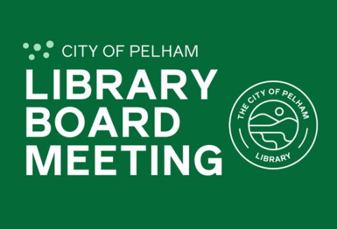 Green Background with text City of Pelham Library Board Meeting