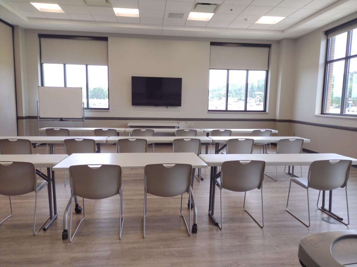 Meeting room with tables and chairs